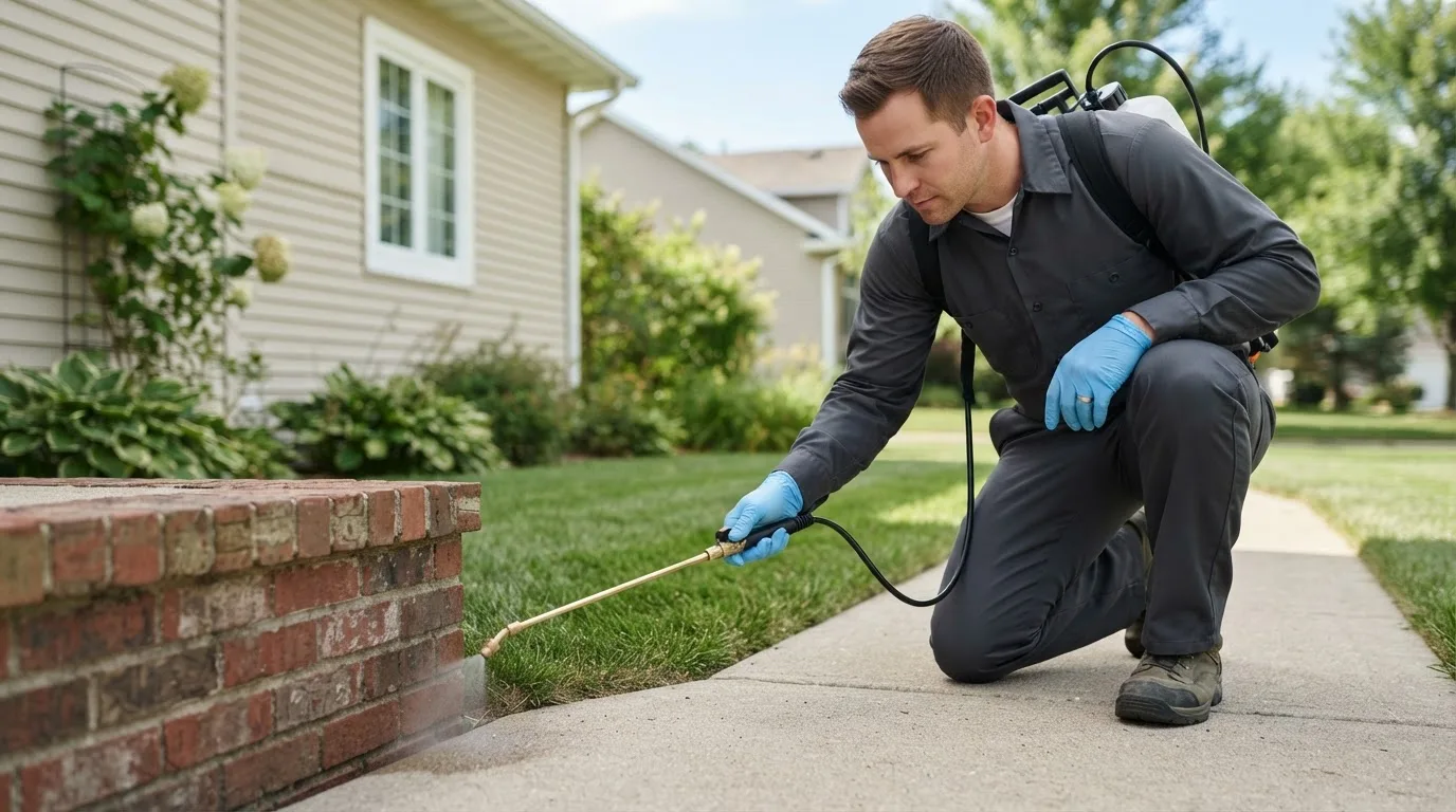 Pest control technician treating a home near Amityville, NY